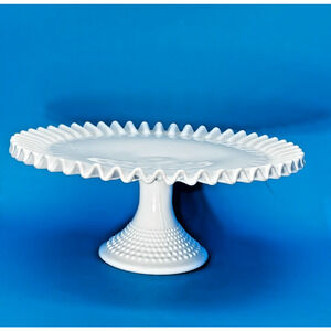 Fenton Milk Glass Cake Stand Hobnail Ruffle Pedestal Wedding Display